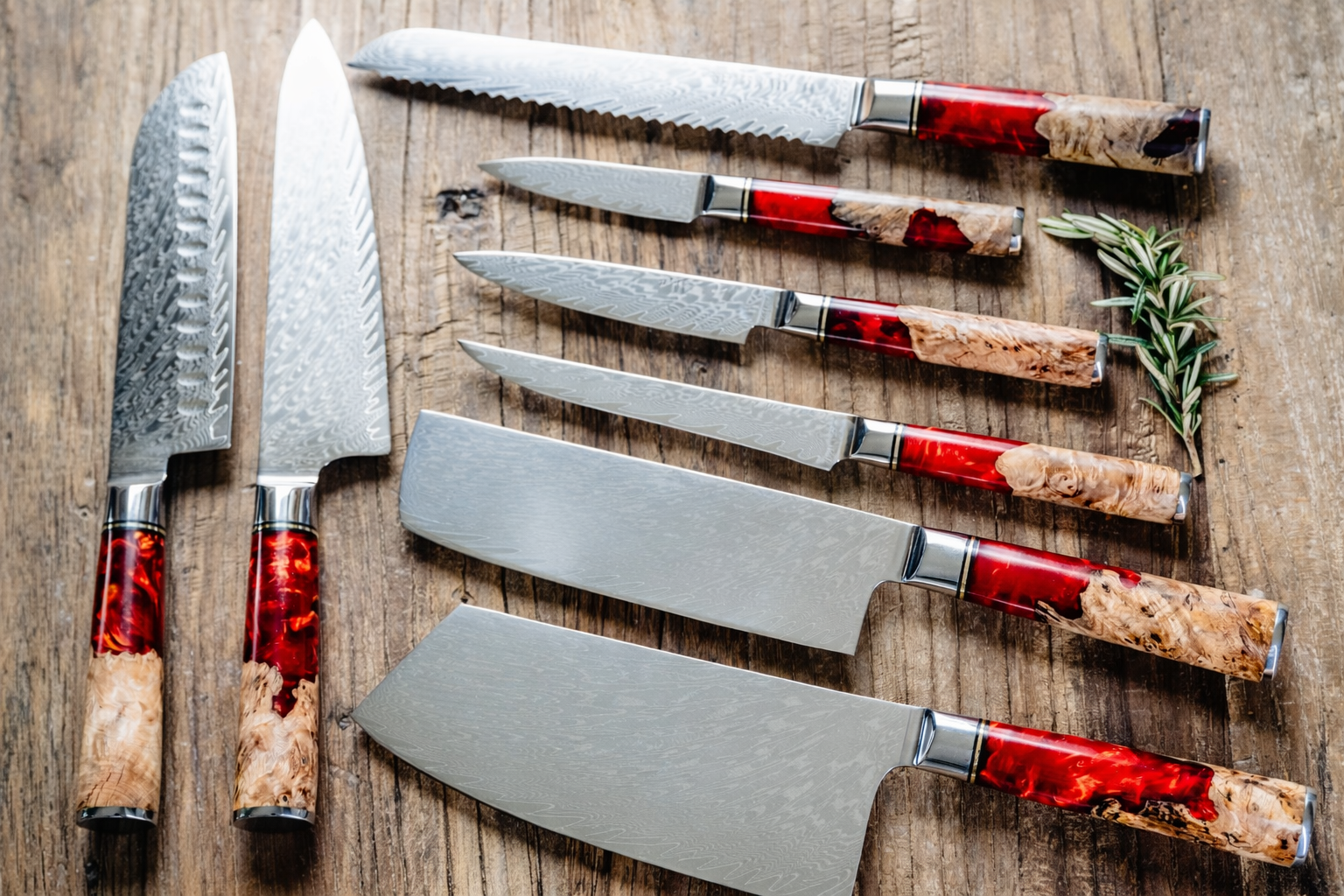 Damascus kitchen knife set with red burl resin handle — Tidal Collection