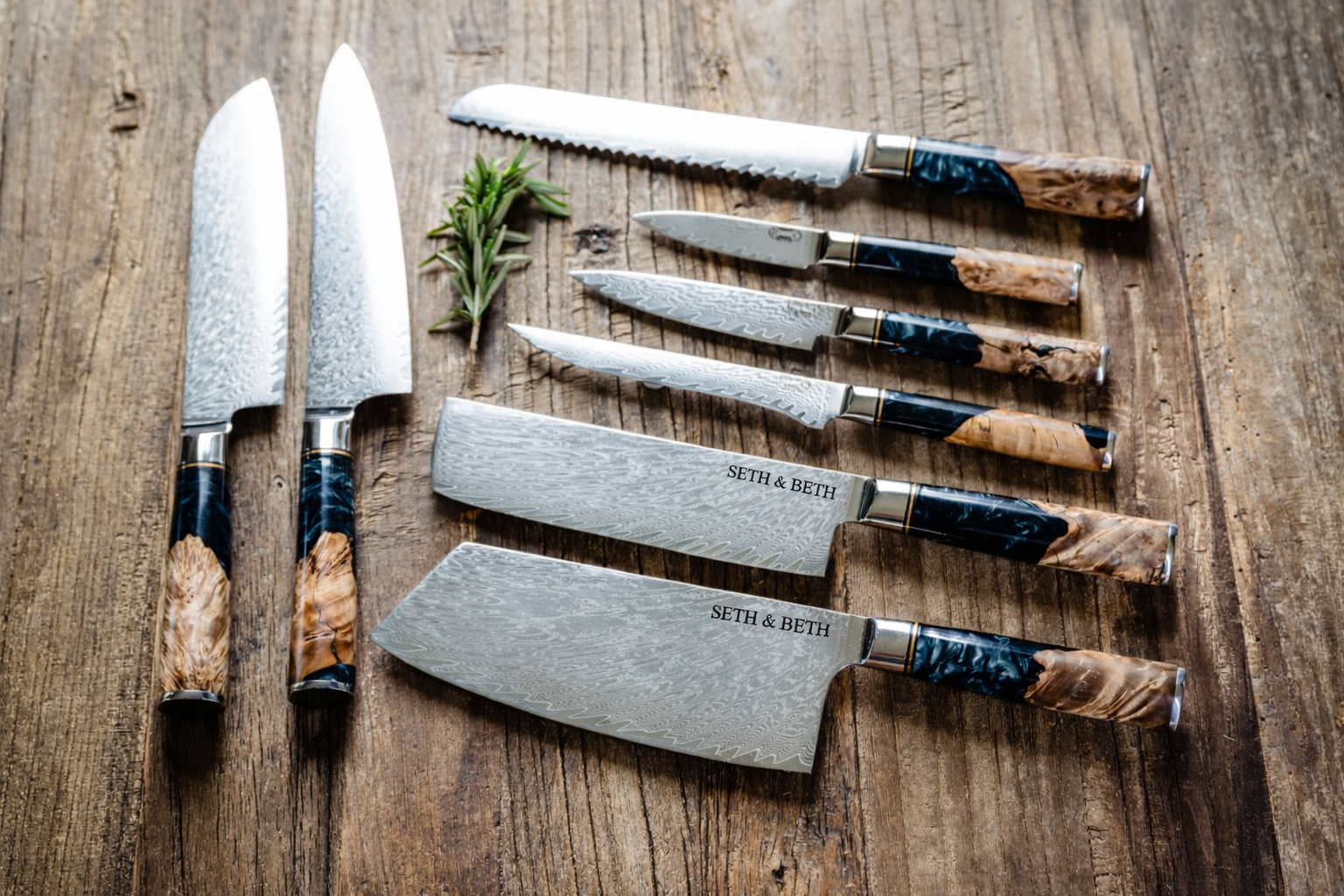 Personalized engraved Damascus knife set with black burl handle — Tidal Collection by The Epicurean Cook