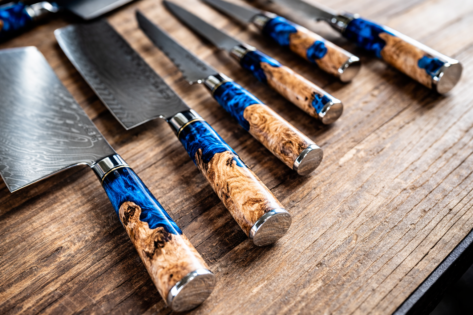 Personalized engraved Damascus knife set with blue burl handle — Tidal Collection