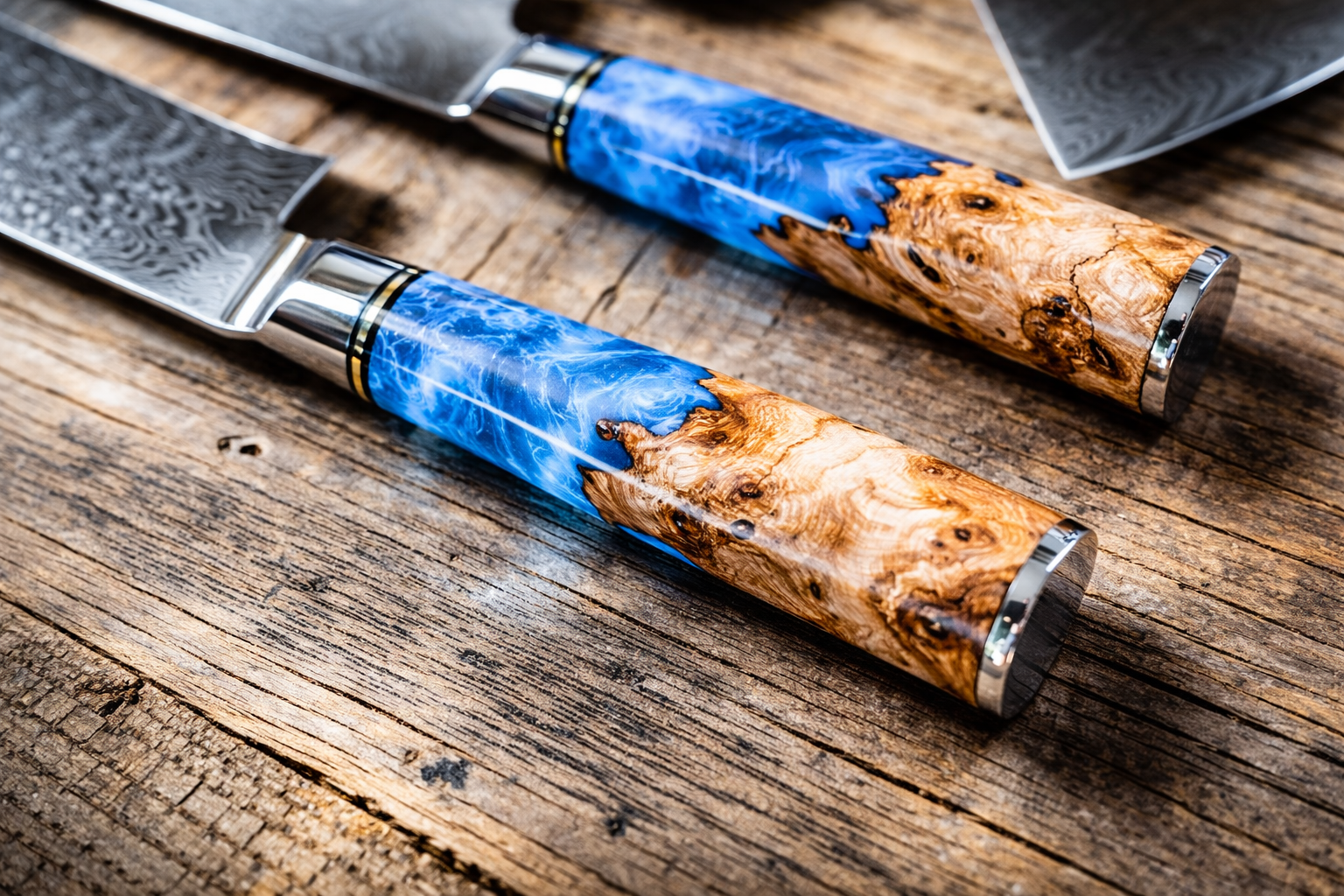 Personalized engraved Damascus knife set with blue burl handle — Tidal Collection