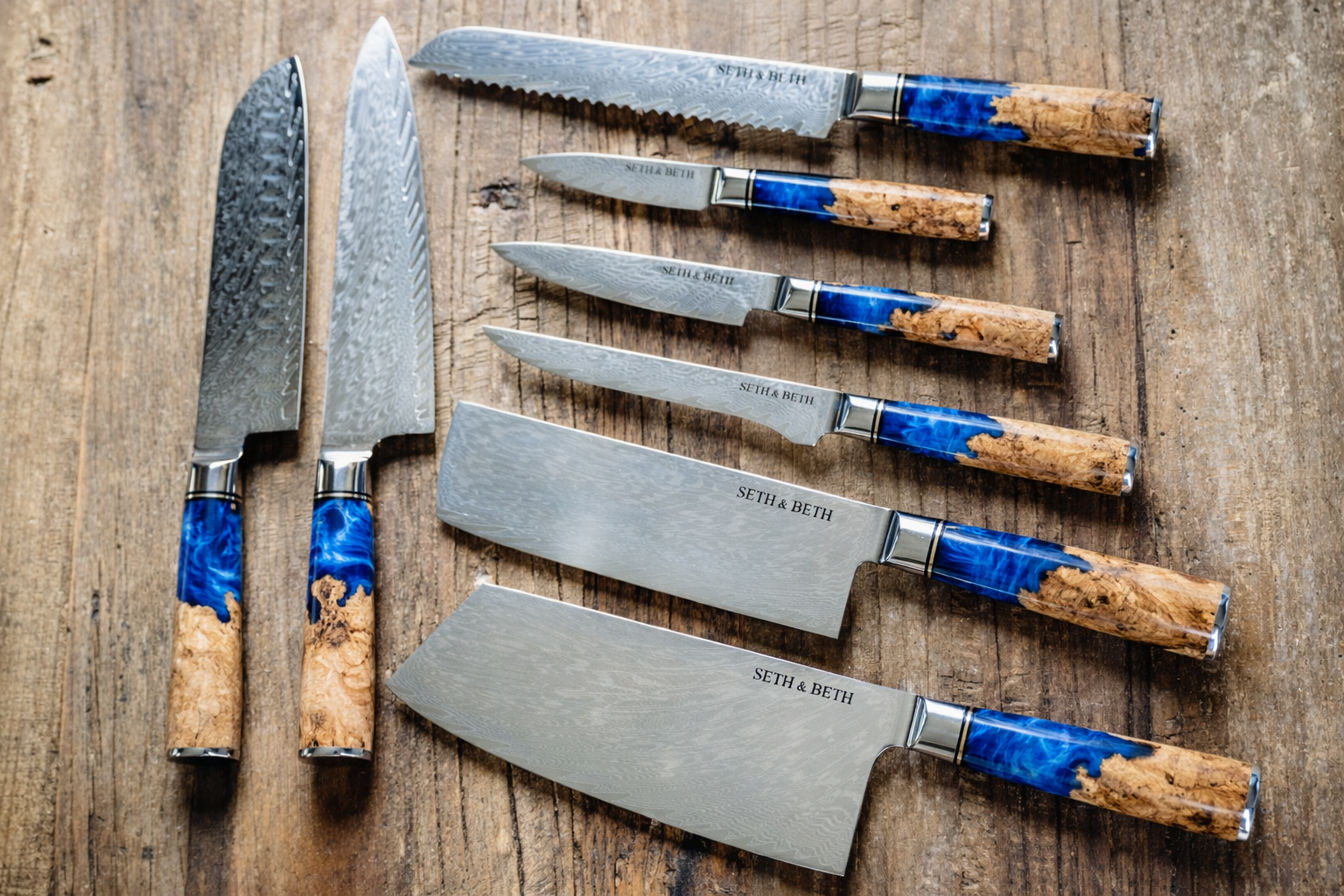 Personalized engraved Damascus knife set with blue burl handle — Tidal Collection