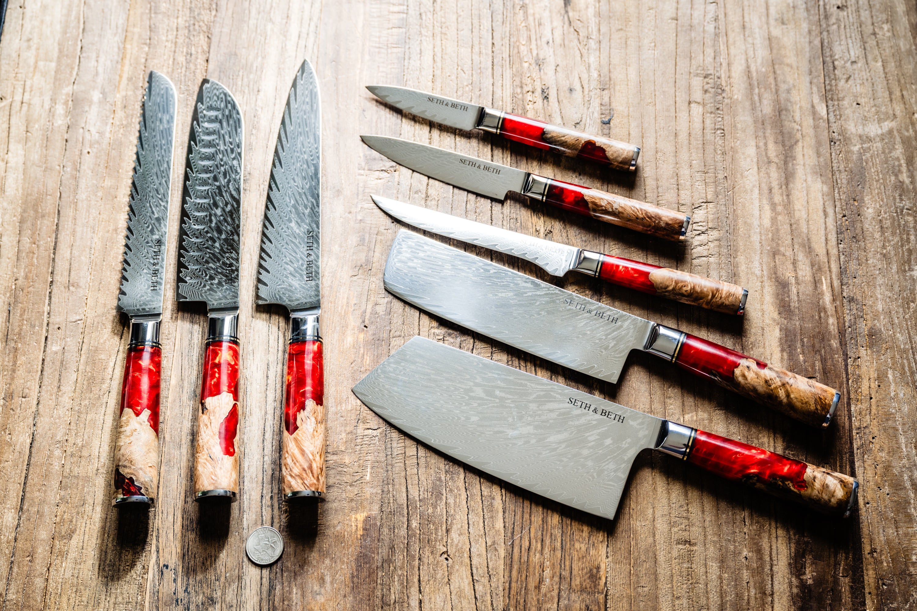 Tidal Red Engraved 8pc Damascus Knife Set