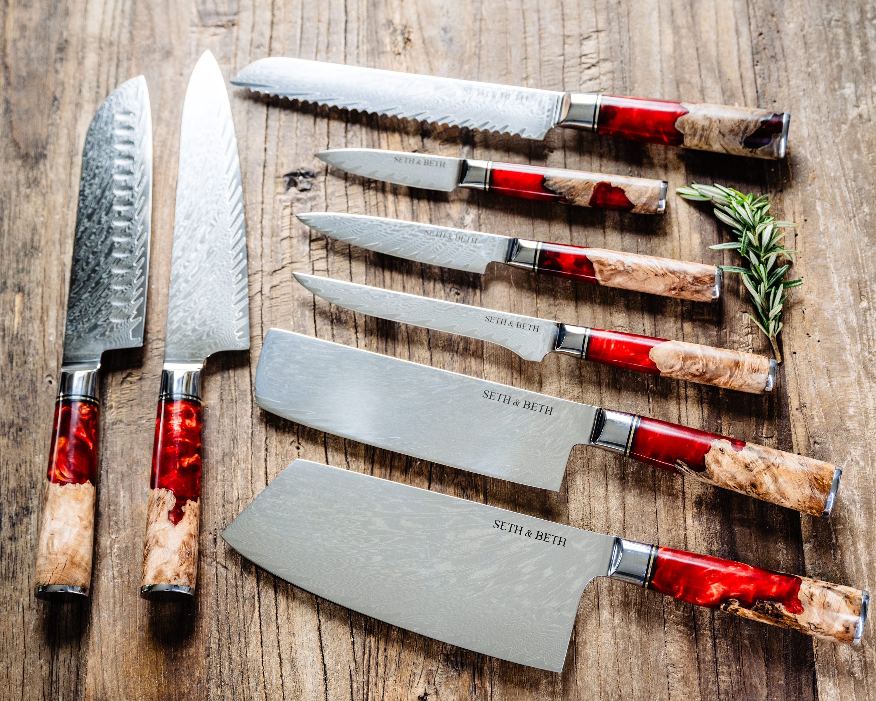 Personalized engraved Damascus knife set with red burl handle — Tidal Collection