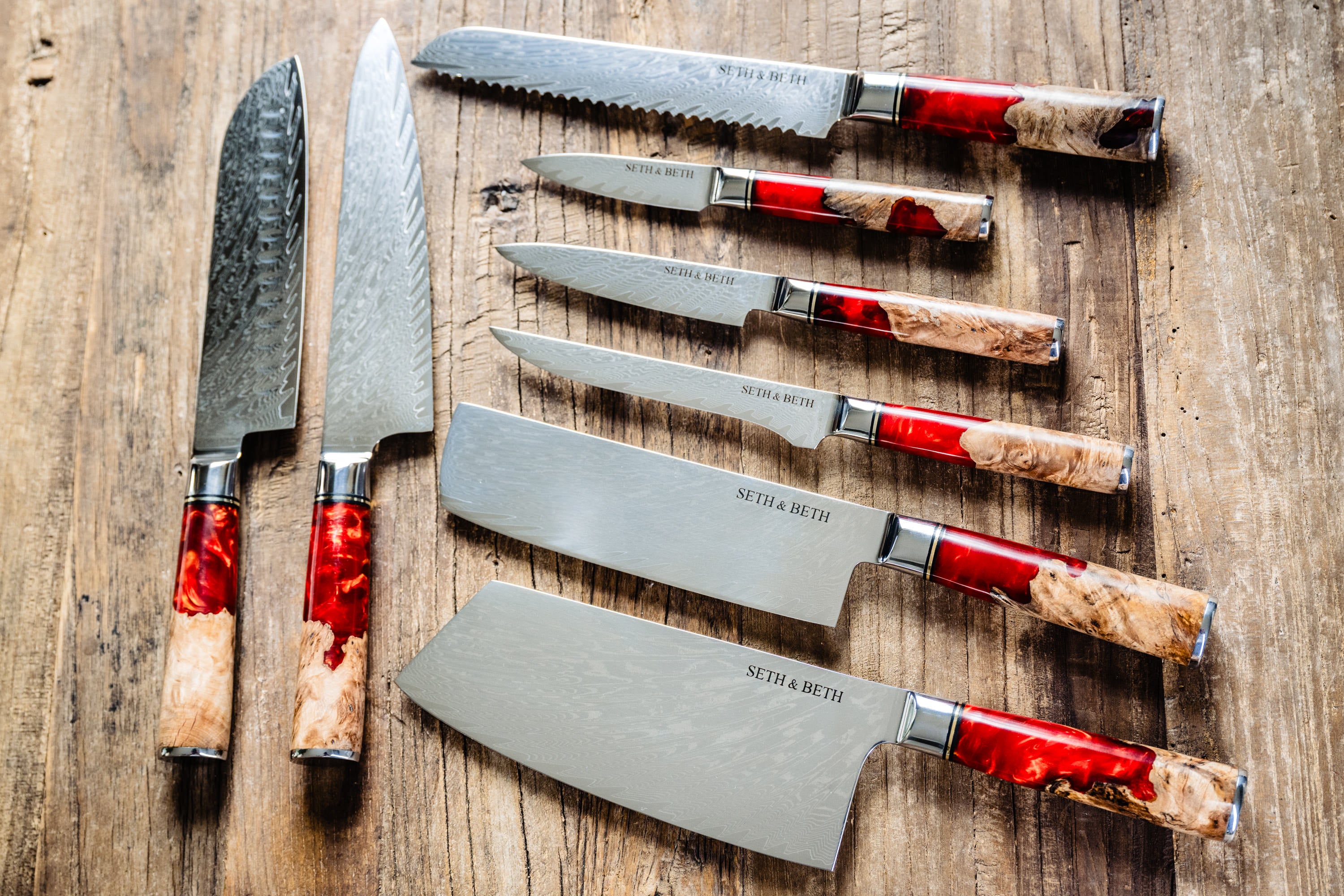 Personalized engraved Damascus knife set with red burl handle — Tidal Collection by The Epicurean Cook