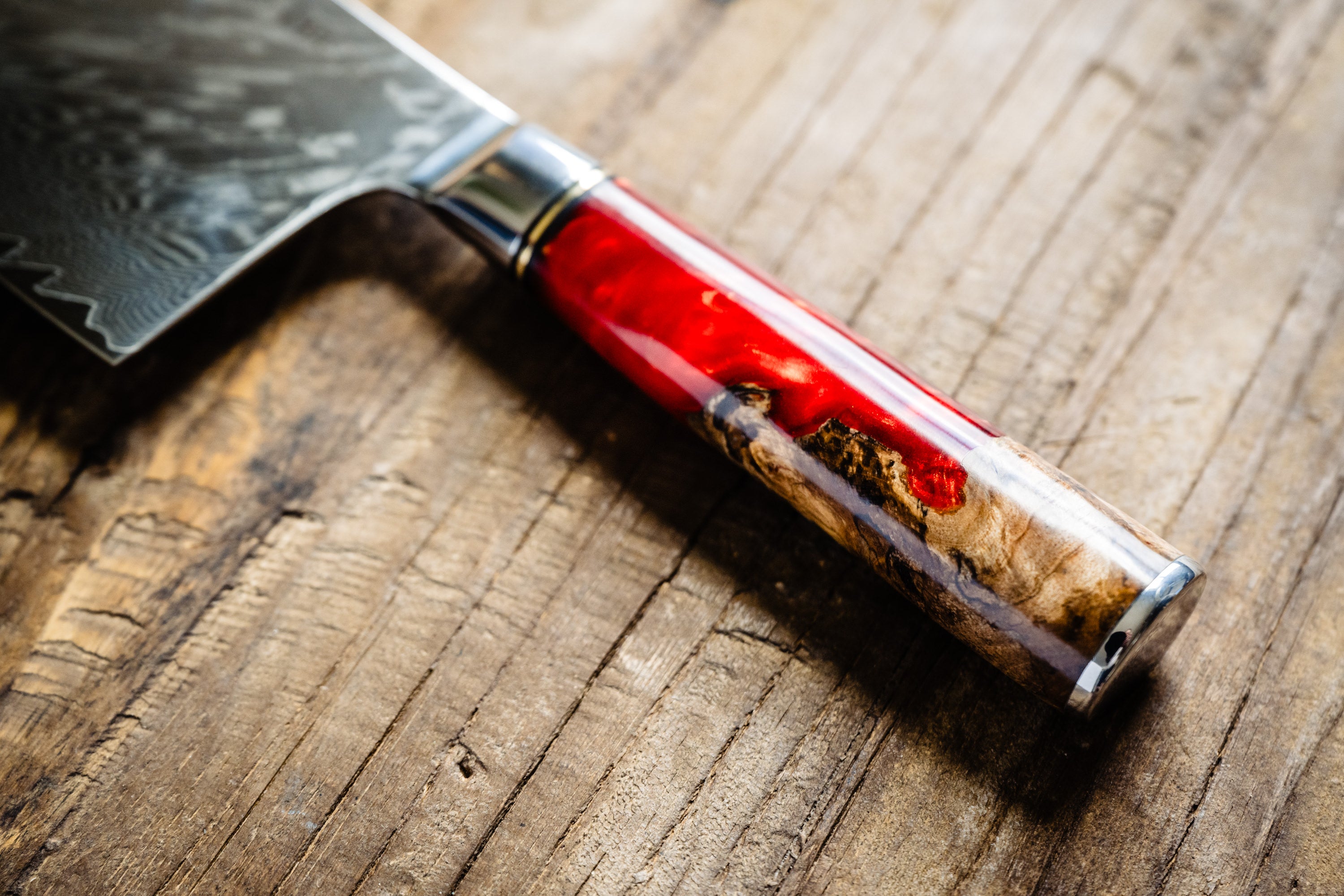 Personalized engraved Damascus knife set with red burl handle — Tidal Collection