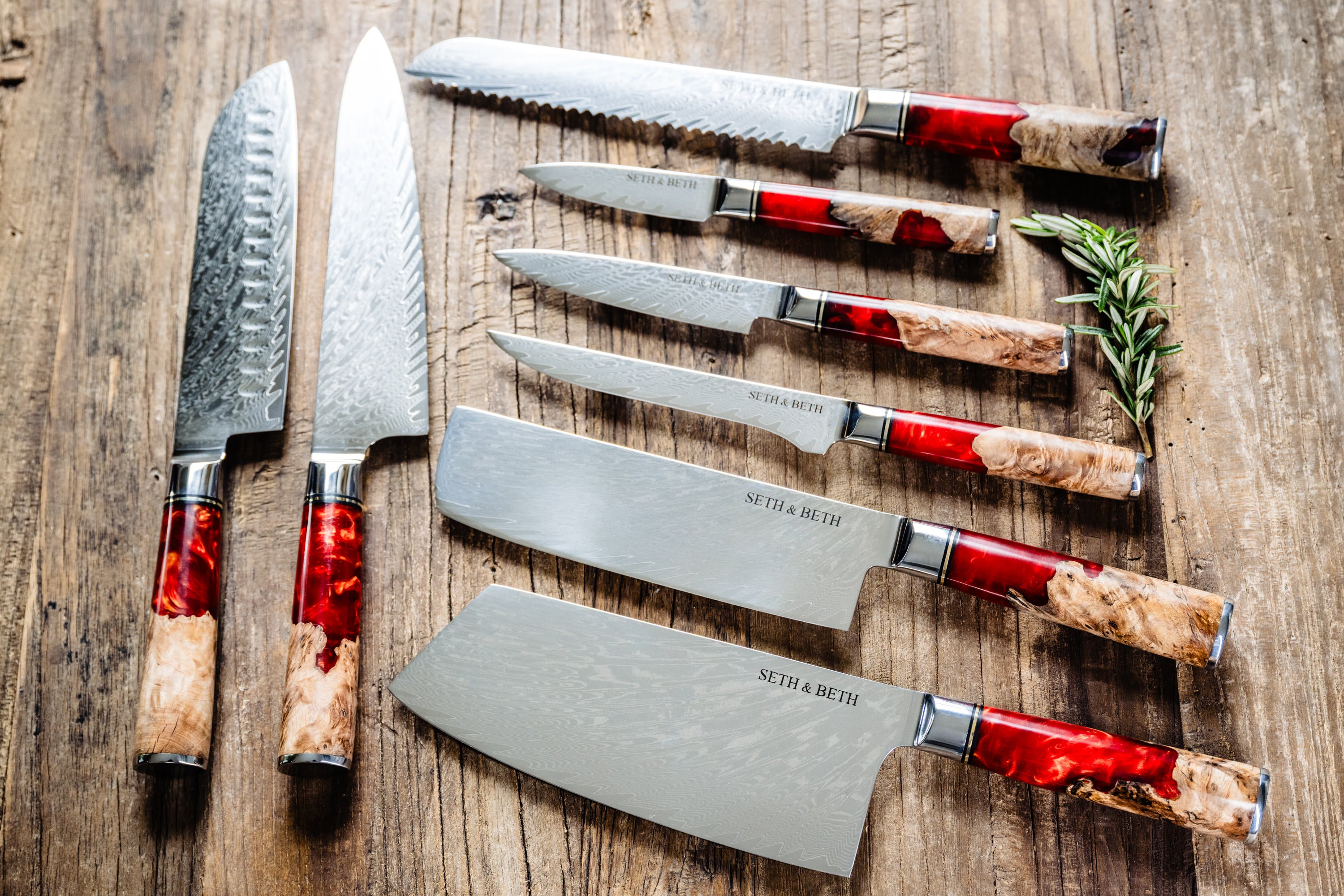 Tidal Red Engraved 8pc Damascus Knife Set