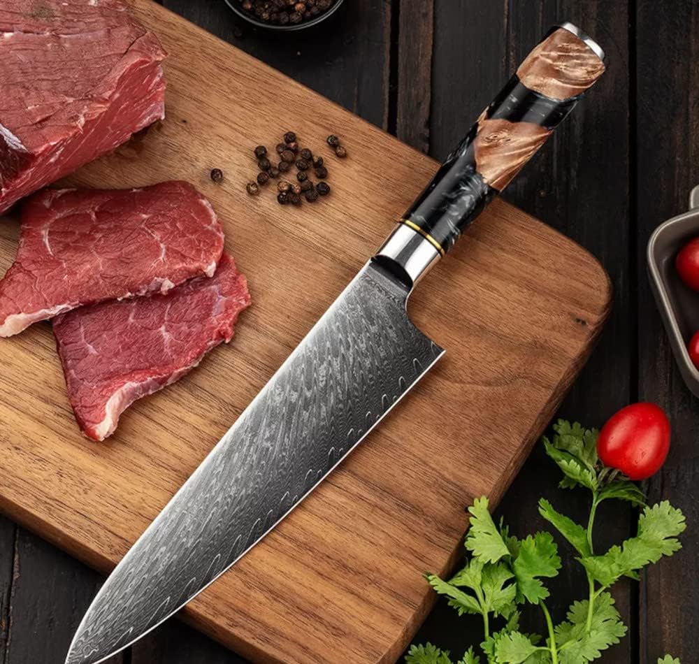 Damascus chef knife with black burl handle — Tidal Collection