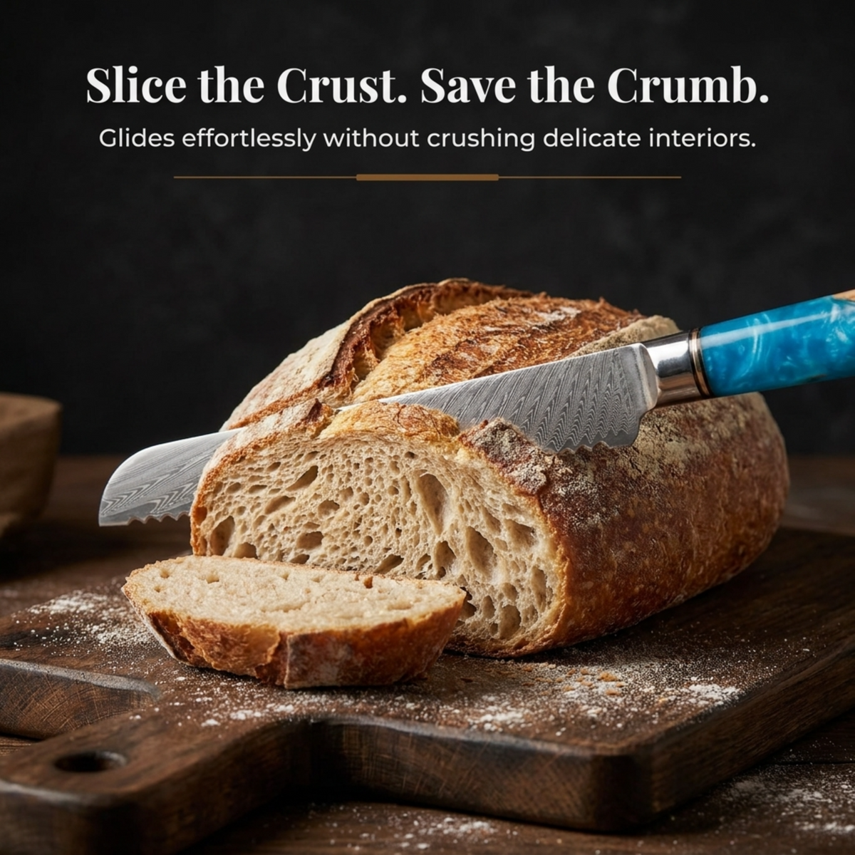 Tidal Blue serrated bread knife with a sliced loaf of bread on a wooden cutting board