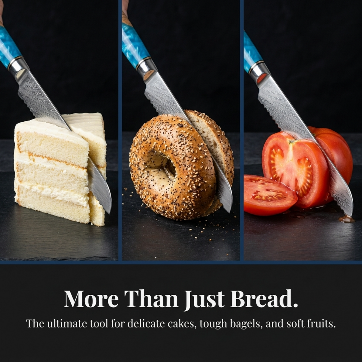 Blue-handled Tidal bread knife shown with cake, a bagel and a tomato