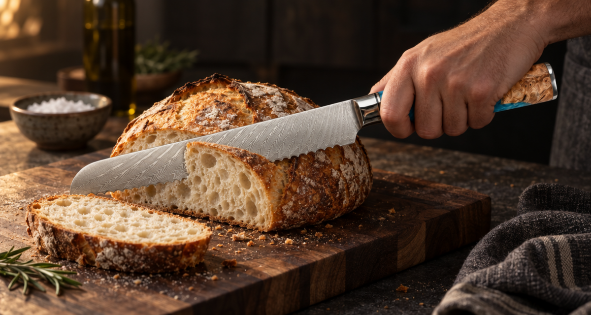 Blue-handled Tidal serrated bread knife slicing a loaf on a wooden cutting board