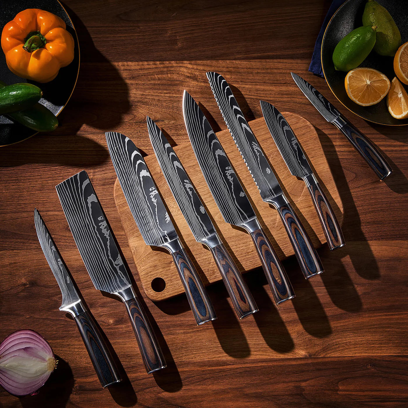 Majesty Series 8-piece laser Damascus knife set by The Epicurean Cook