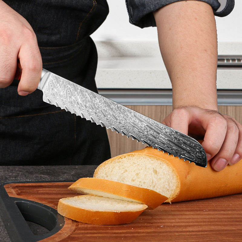 Red burl handle Damascus bread knife from the Tidal Collection knife set