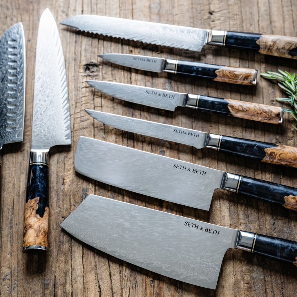 Personalized Damascus knife set with black burl handle engraved with custom text — Tidal Collection by The Epicurean Cook