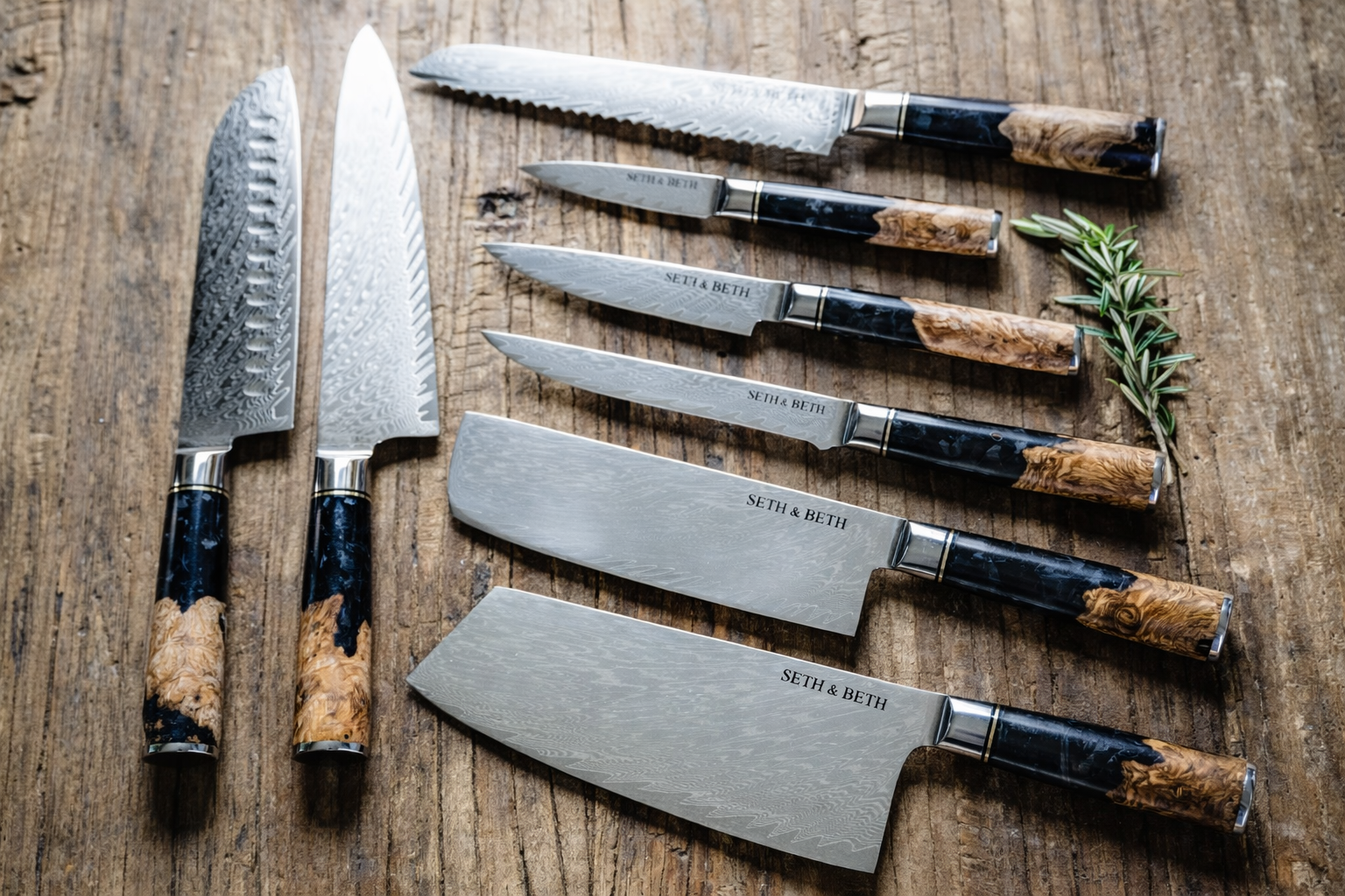 Tidal Black Engraved 8pc Damascus Knife Set