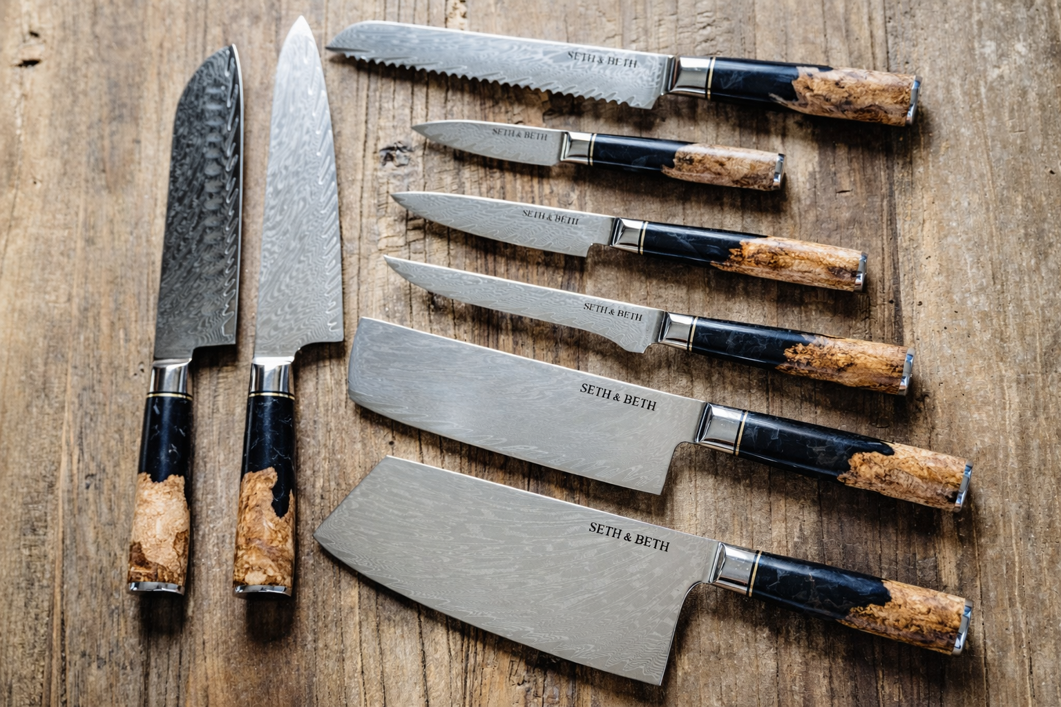Personalized engraved Damascus knife set with black burl handle — Tidal Collection