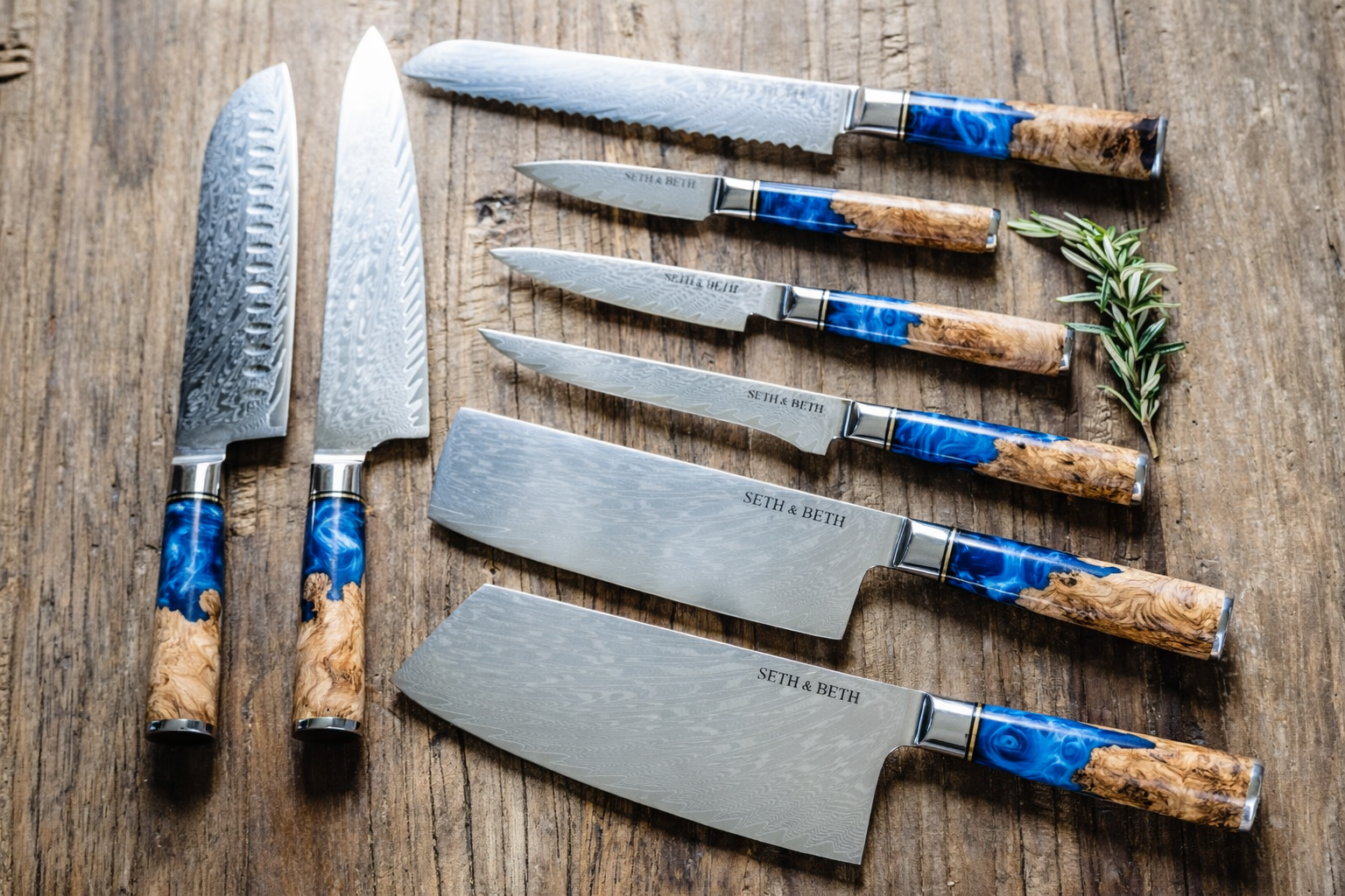 Personalized engraved Damascus knife set with blue burl handle — Tidal Collection