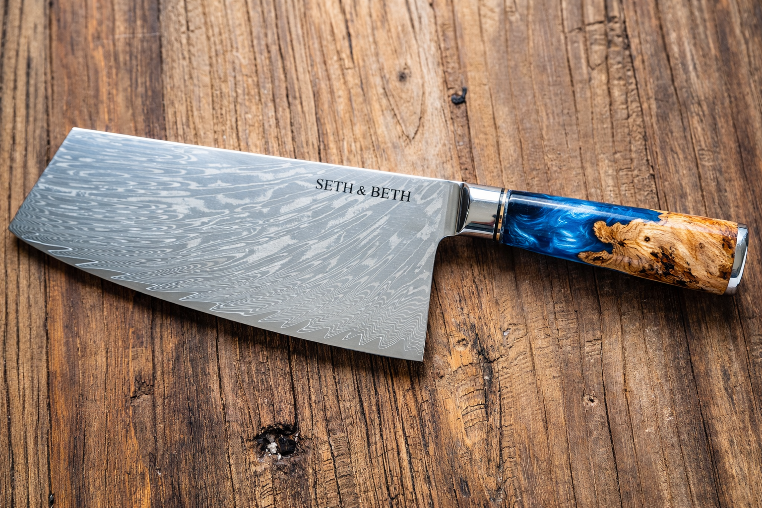 Personalized engraved Damascus knife set with blue burl handle — Tidal Collection