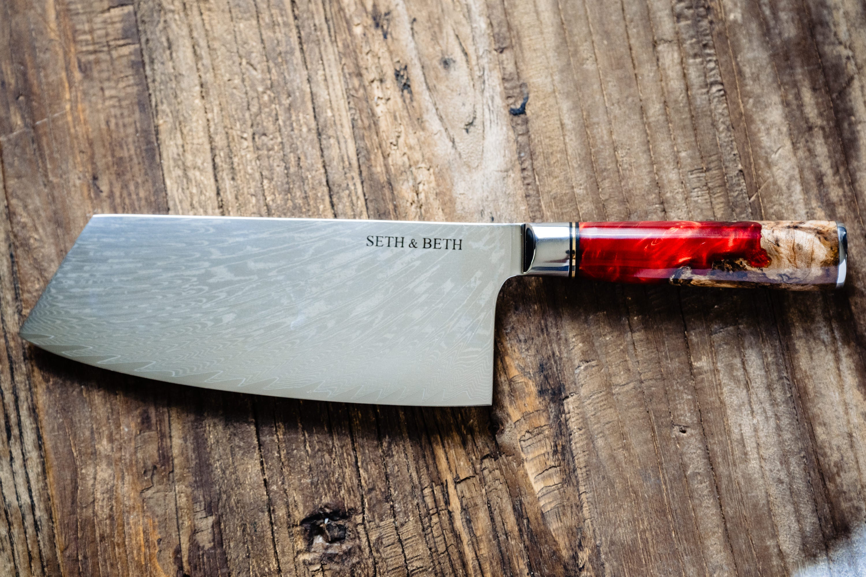 Personalized engraved Damascus knife set with red burl handle — Tidal Collection