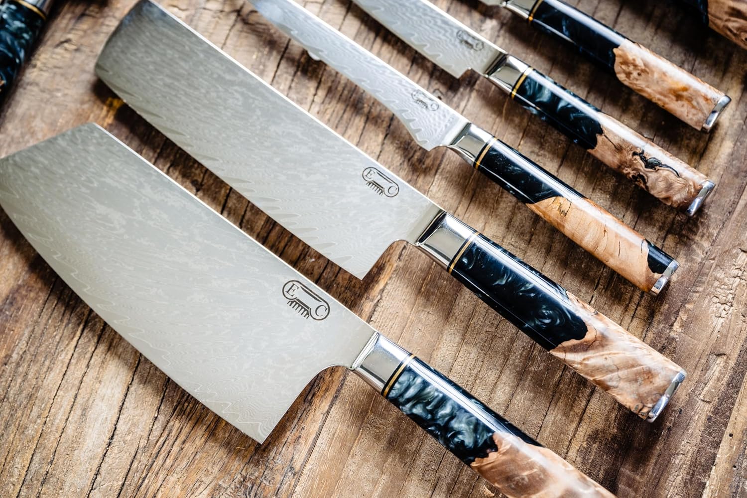 Personalized Damascus knife set with black burl handle engraved with custom text — Tidal Collection by The Epicurean Cook