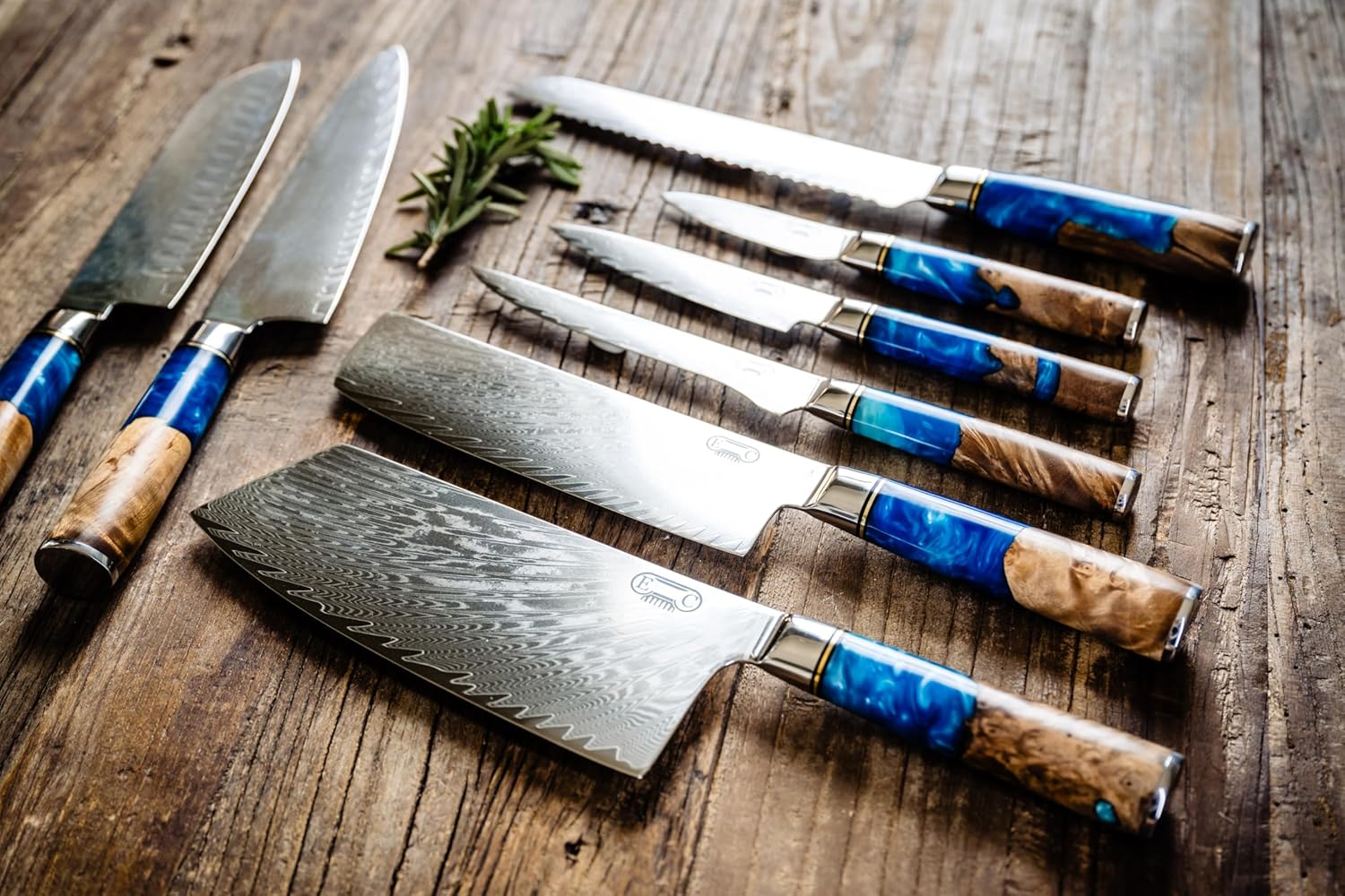 Damascus steel chef knife set with blue burl resin handle — Tidal Collection by The Epicurean Cook