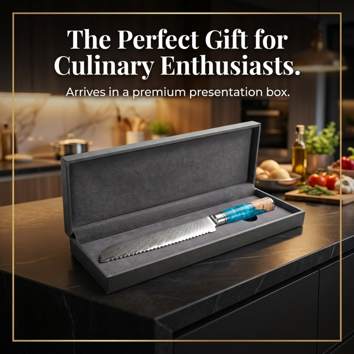 Tidal Blue bread knife displayed in an open presentation box on a kitchen counter