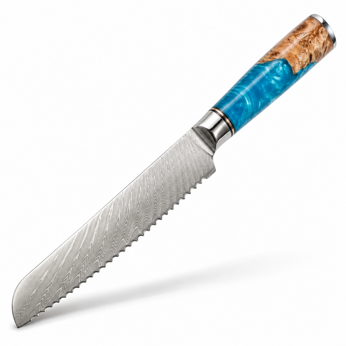 Tidal Blue 8-inch serrated Damascus bread knife with blue resin and burl wood handle on a white background