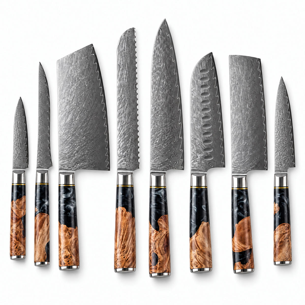 Real Forged Damascus 8-Piece Kitchen Knife Set — Tidal Black